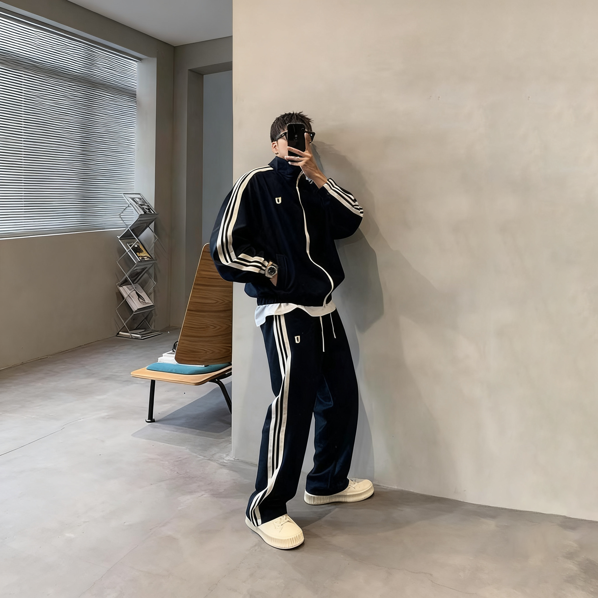 【整套】港式雙桿慵懶運動風情侶長袖外套+休閒寬鬆ins百搭長褲兩件套裝