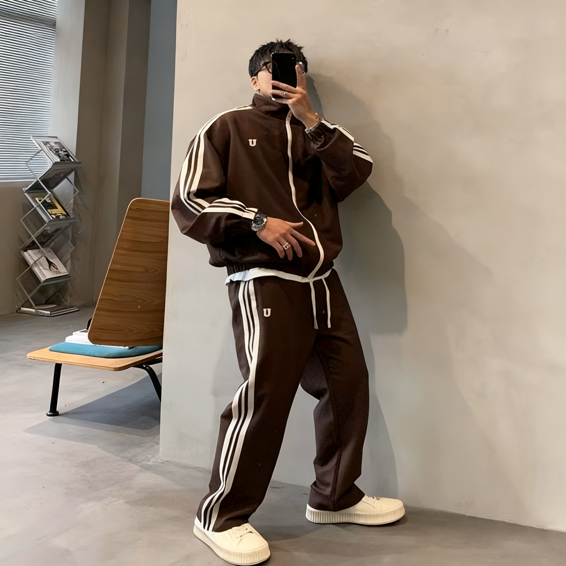 【整套】港式雙桿慵懶運動風情侶長袖外套+休閒寬鬆ins百搭長褲兩件套裝