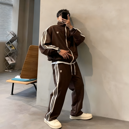 【整套】港式雙桿慵懶運動風情侶長袖外套+休閒寬鬆ins百搭長褲兩件套裝