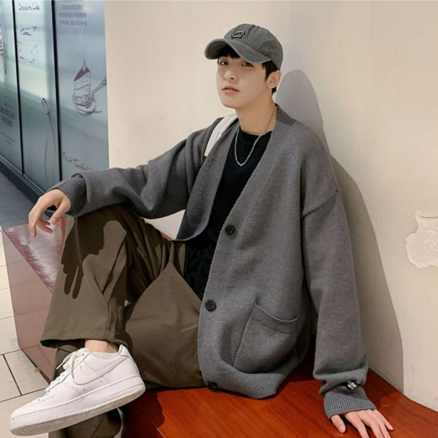 潮流寬鬆毛衣外套素色V領長袖針織開衫