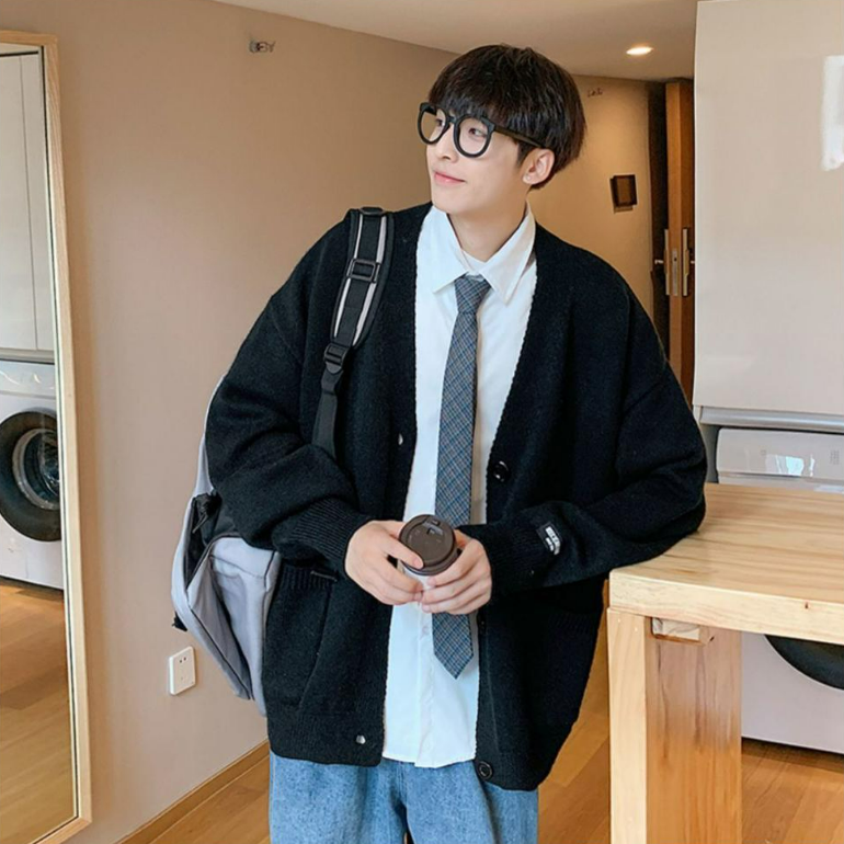 潮流寬鬆毛衣外套素色V領長袖針織開衫