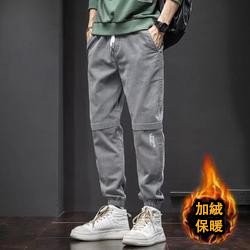 時尚潮流鬆緊腰休閒刷毛運動九分束腳工裝褲