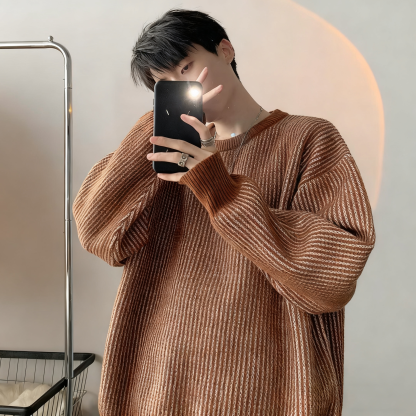 慵懶風條紋圓領毛衣港風百搭寬鬆針織衫