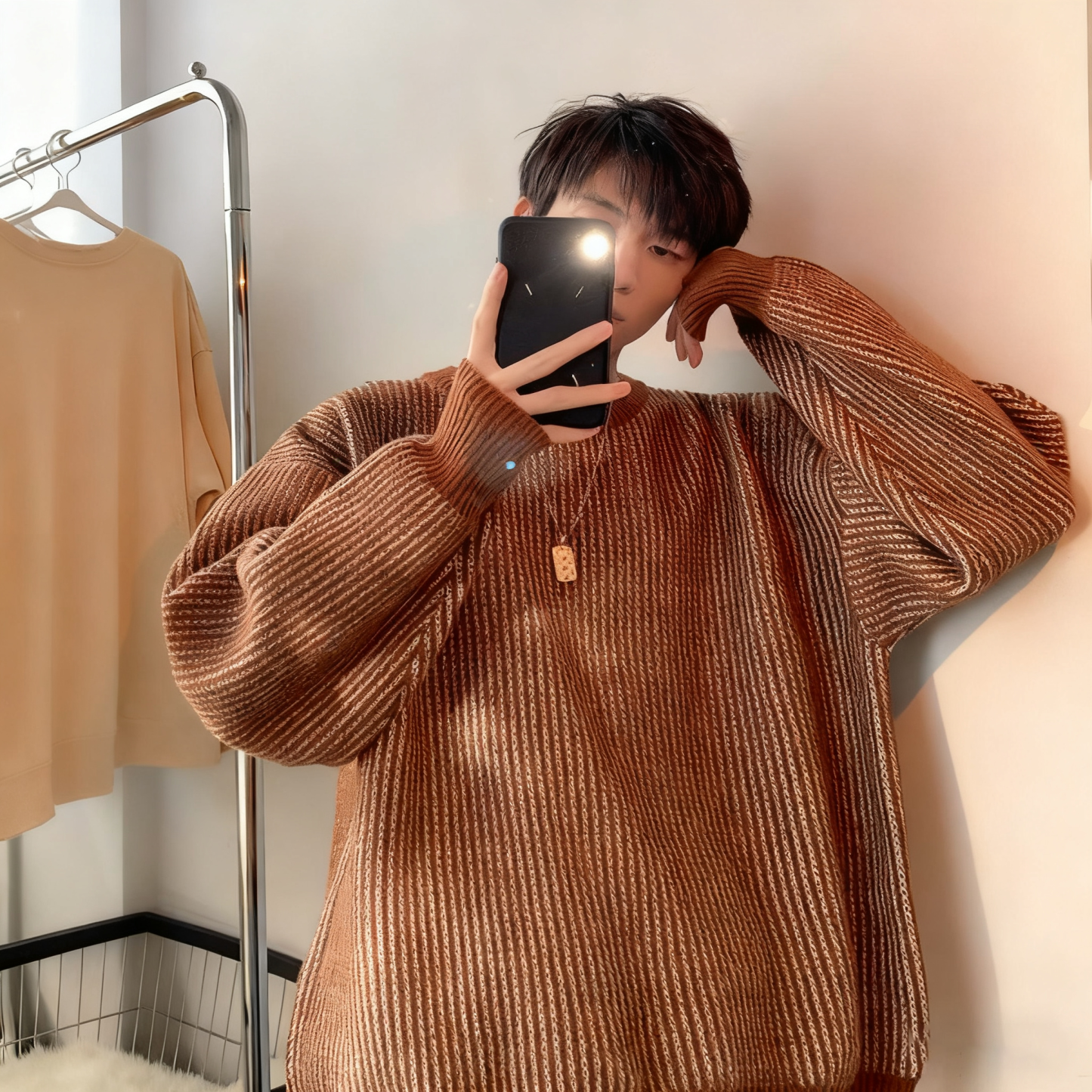 慵懶風條紋圓領毛衣港風百搭寬鬆針織衫