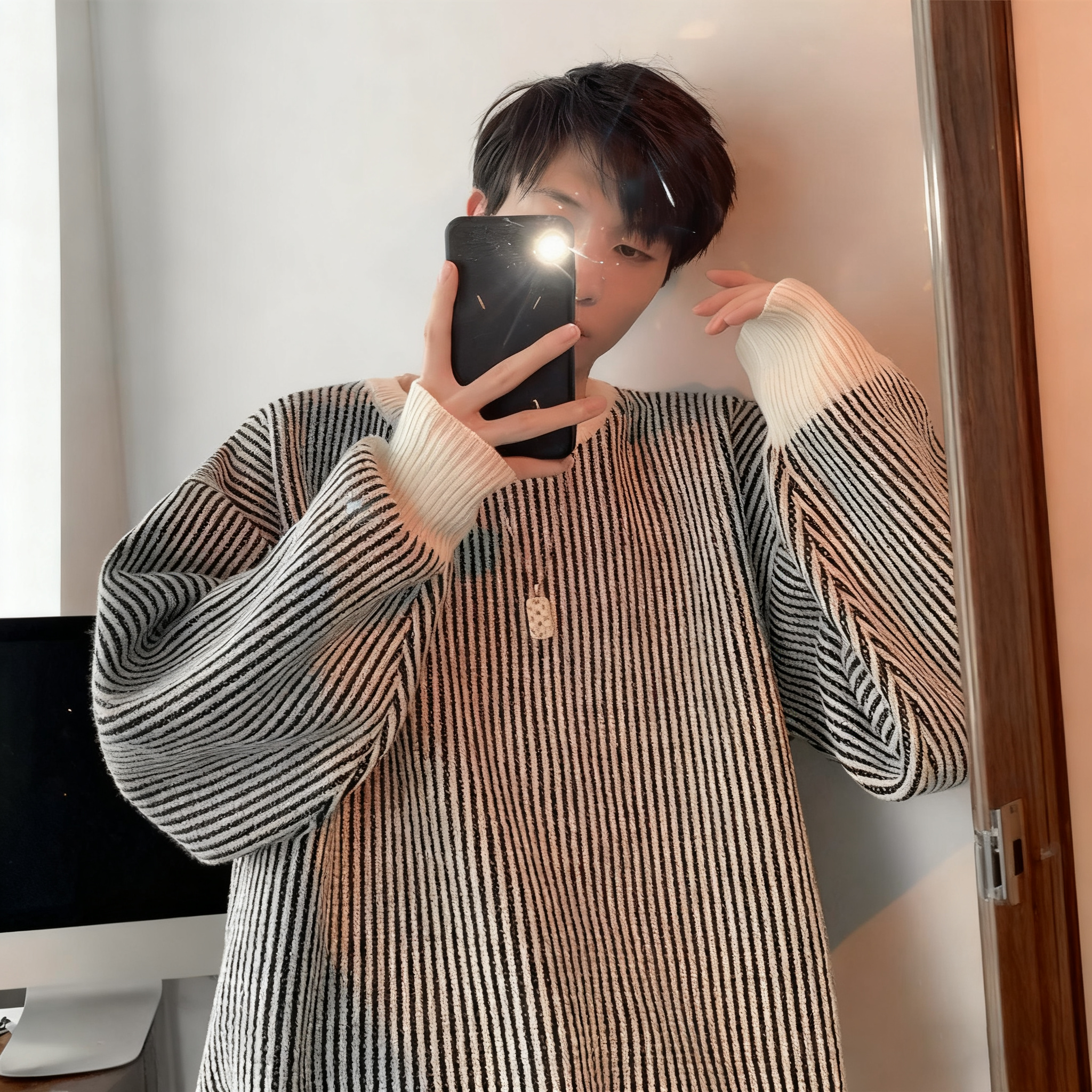 慵懶風條紋圓領毛衣港風百搭寬鬆針織衫