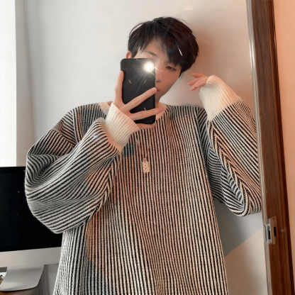 慵懶風條紋圓領毛衣港風百搭寬鬆針織衫
