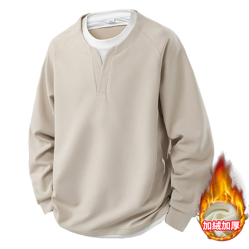 撞色假兩件V領華夫格休閒百搭長袖T恤