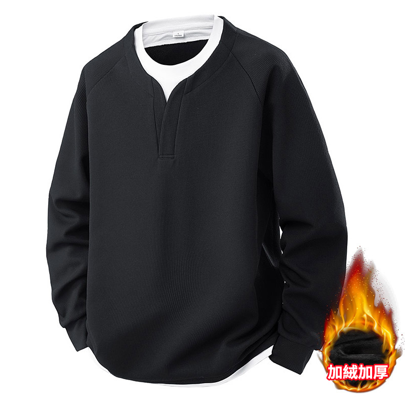 撞色假兩件V領華夫格休閒百搭長袖T恤