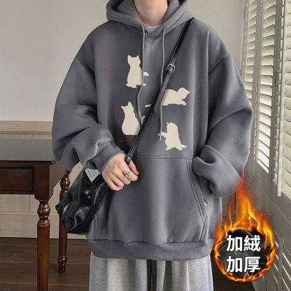 卡其色刷毛加厚小貓印花潮牌美式重磅連帽T