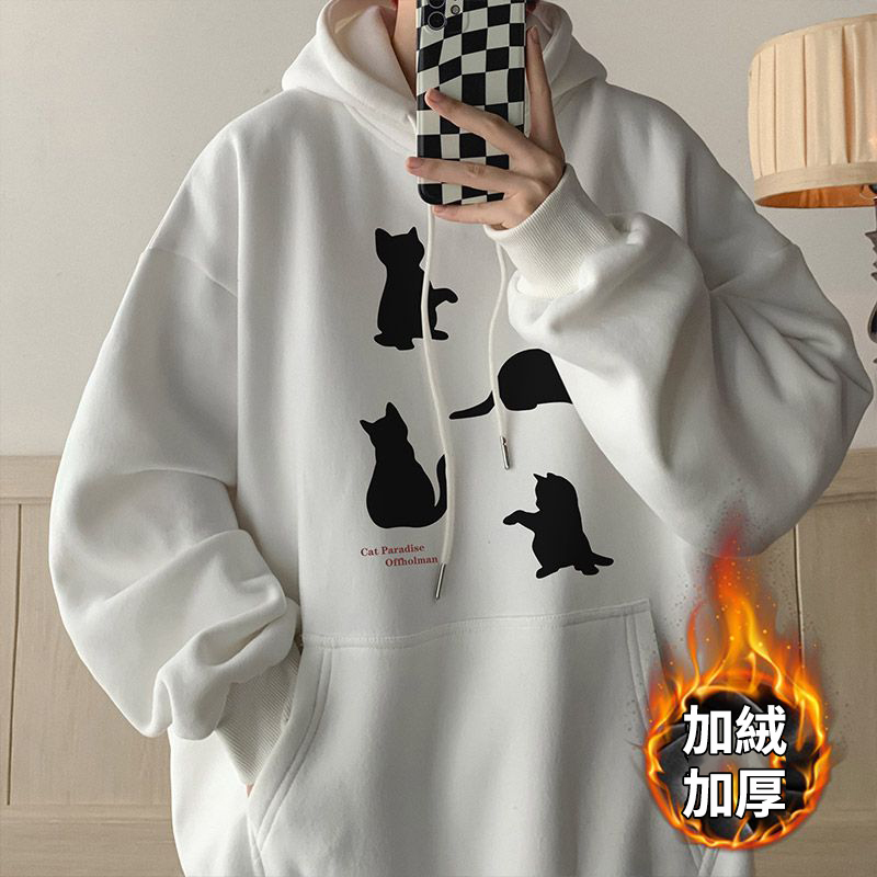 卡其色刷毛加厚小貓印花潮牌美式重磅連帽T