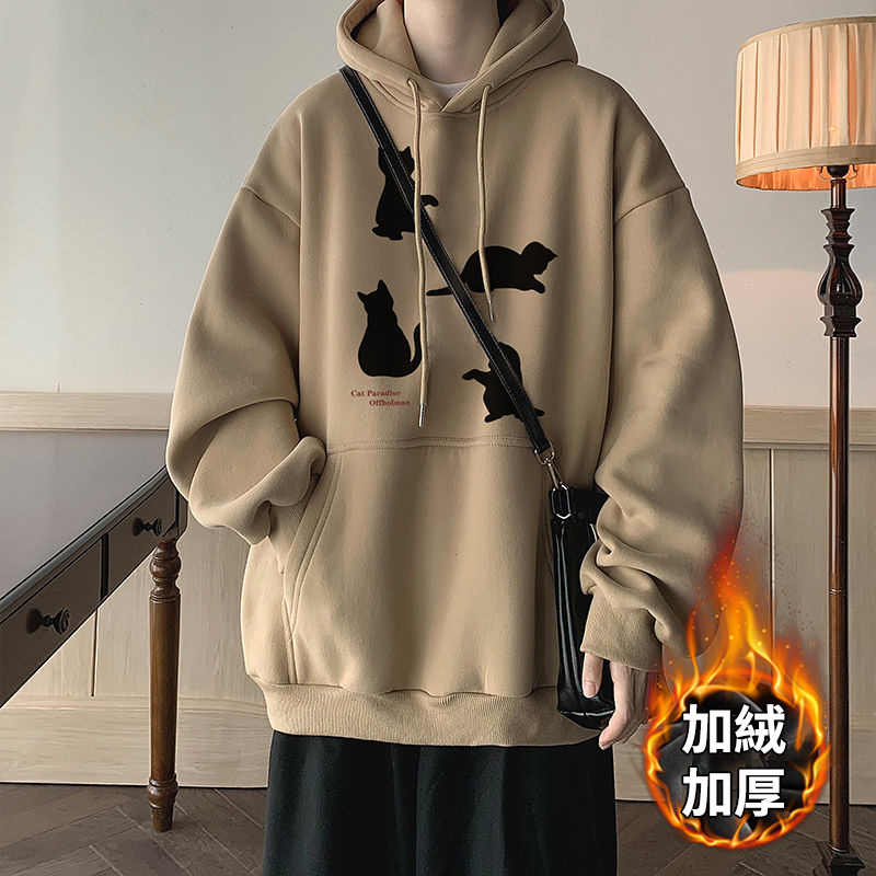 卡其色刷毛加厚小貓印花潮牌美式重磅連帽T