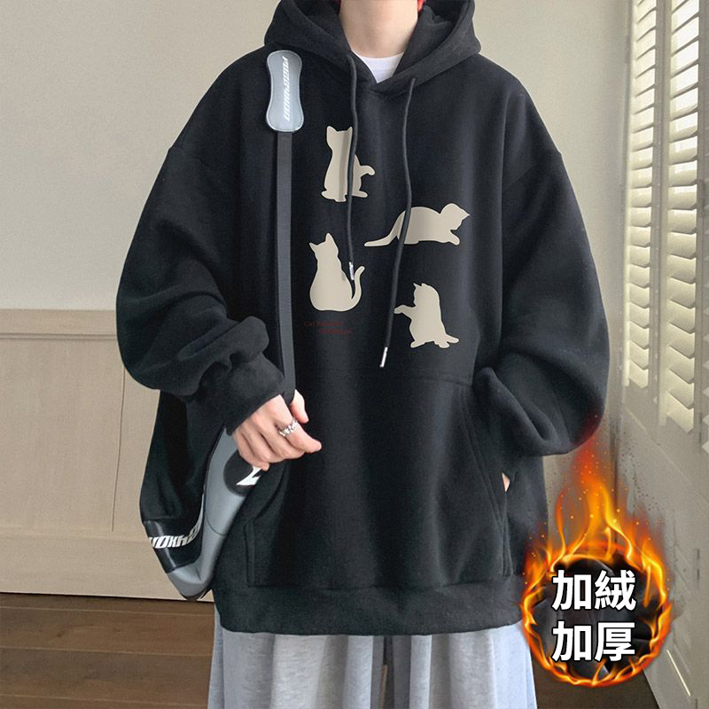 卡其色刷毛加厚小貓印花潮牌美式重磅連帽T