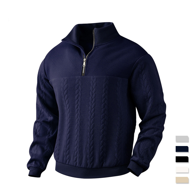 歐美復古休閒拉鏈套頭寬鬆針織重磅拼接提花立領長袖