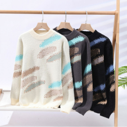 潮流帥氣拼色仿貂加厚半高領針織毛衣