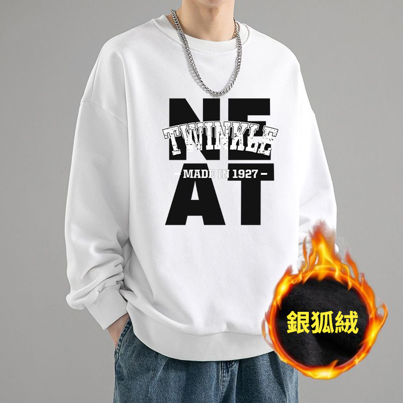 重磅美式寬鬆圓領印花潮流刷毛長袖T恤