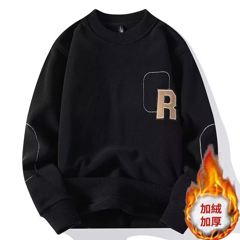 雙面奧粒絨加厚字母刺繡搖粒絨圓領長袖T恤