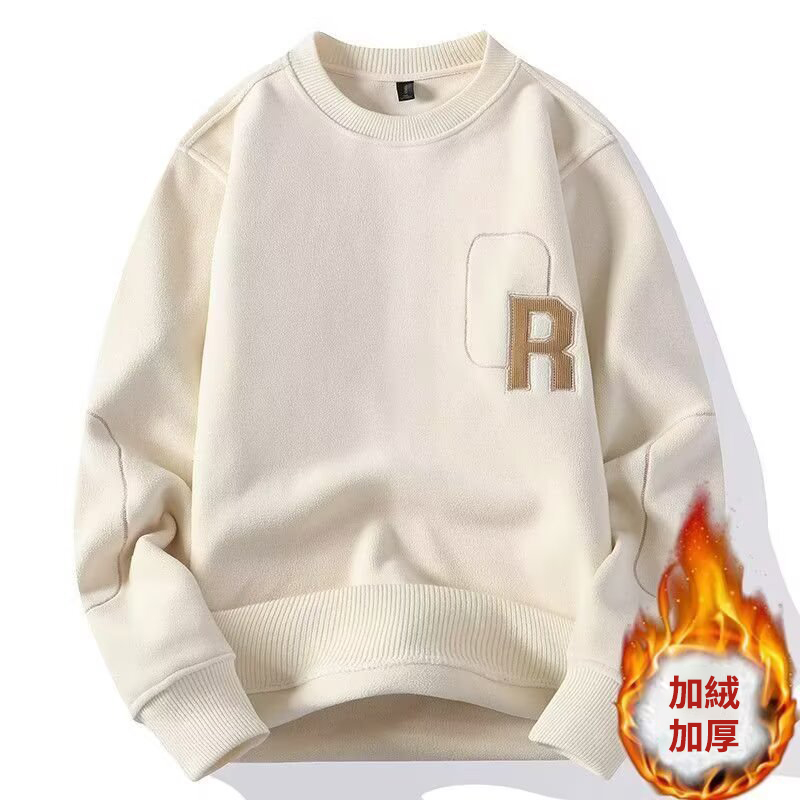 雙面奧粒絨加厚字母刺繡搖粒絨圓領長袖T恤