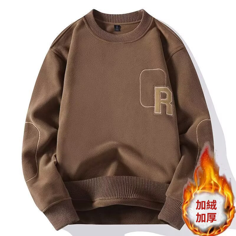 雙面奧粒絨加厚字母刺繡搖粒絨圓領長袖T恤