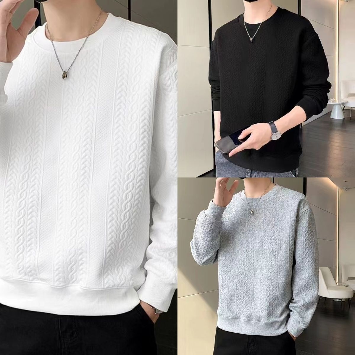 重磅提花潮流寬鬆休閒帥氣長袖打底衫