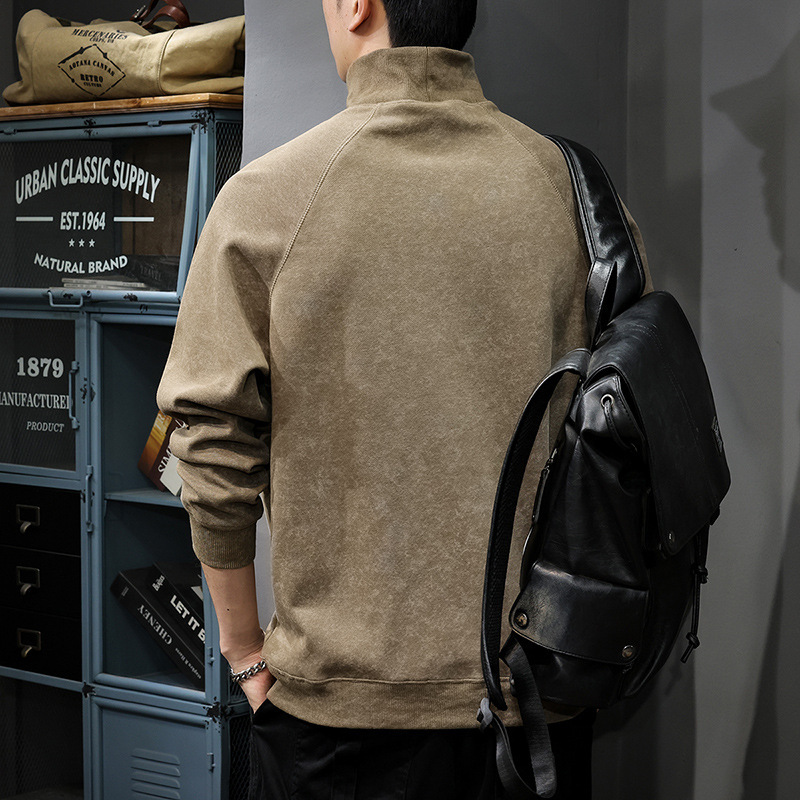 麂皮絨半高領潮牌重磅大碼復古扎染鋼印休閒打底衫