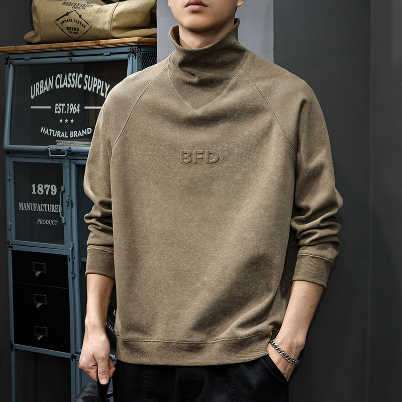 麂皮絨半高領潮牌重磅大碼復古扎染鋼印休閒打底衫