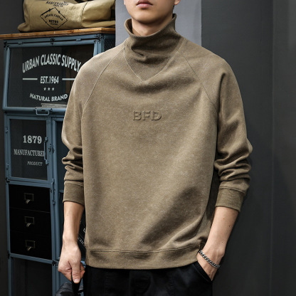 麂皮絨半高領潮牌重磅大碼復古扎染鋼印休閒打底衫