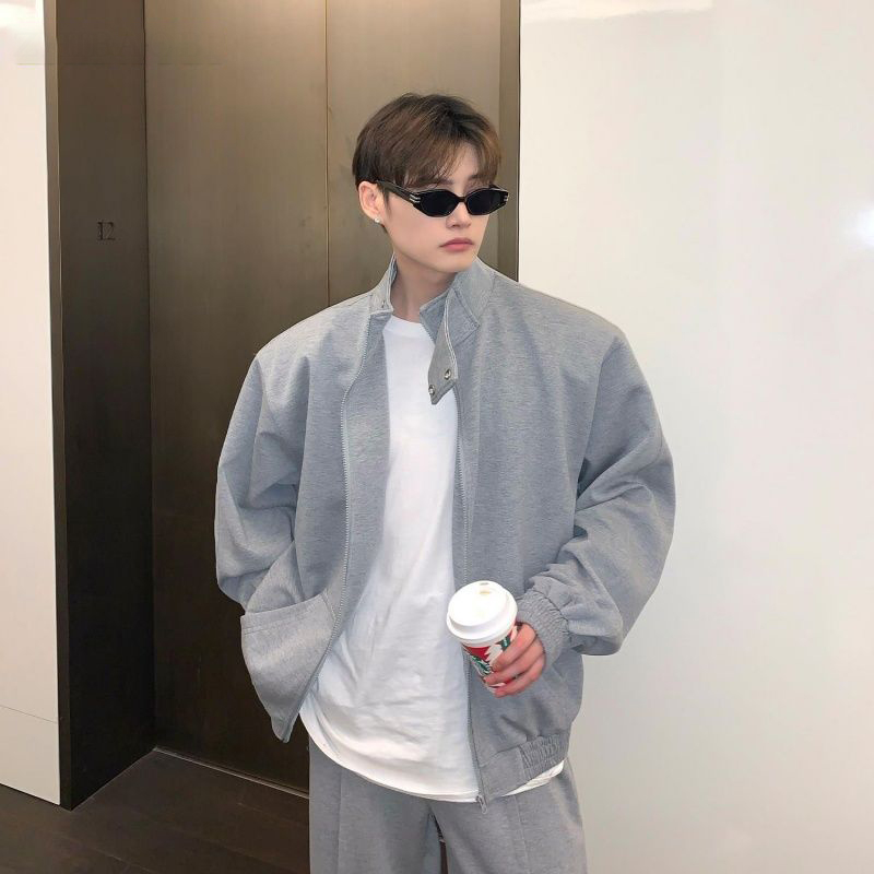 【整套】慵懶風寬鬆立領開衫外套+運動休閒褲兩件套裝