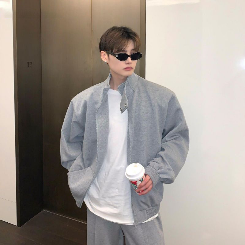 【整套】慵懶風寬鬆立領開衫外套+運動休閒褲兩件套裝