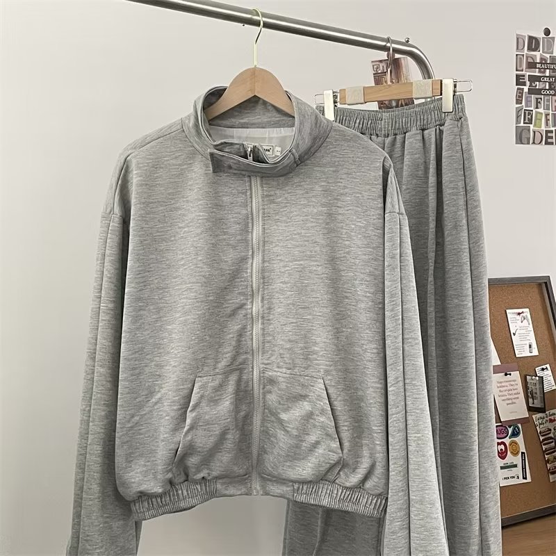 【整套】慵懶風寬鬆立領開衫外套+運動休閒褲兩件套裝