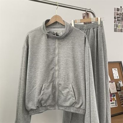 【整套】慵懶風寬鬆立領開衫外套+運動休閒褲兩件套裝