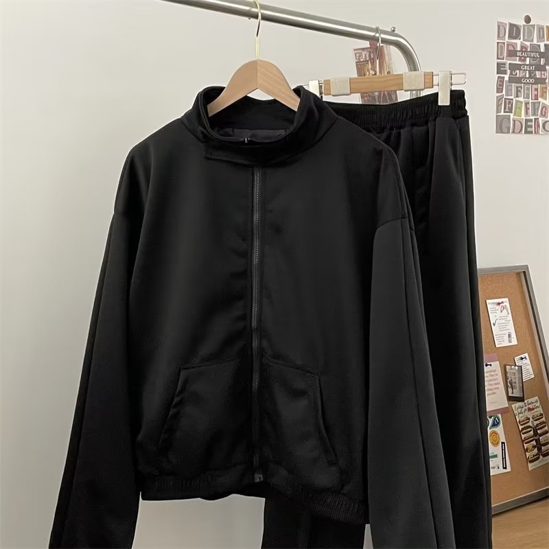 【整套】慵懶風寬鬆立領開衫外套+運動休閒褲兩件套裝