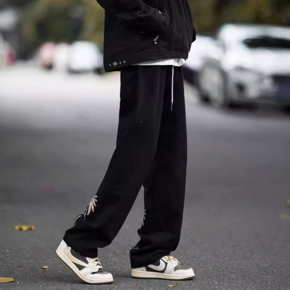 美式休閒街頭潮流水洗復古寬鬆直筒牛仔褲