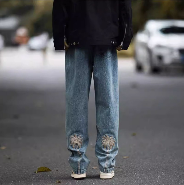 美式休閒街頭潮流水洗復古寬鬆直筒牛仔褲