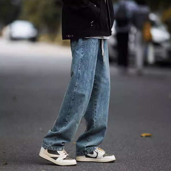 美式休閒街頭潮流水洗復古寬鬆直筒牛仔褲