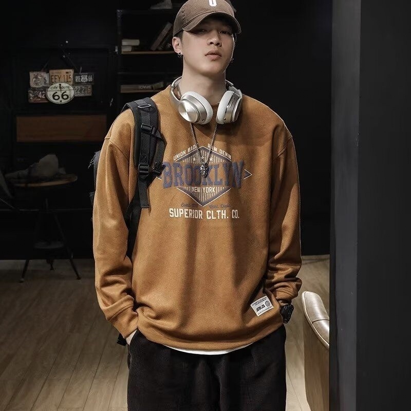 美式復古麂皮絨寬鬆潮牌圓領長袖T恤