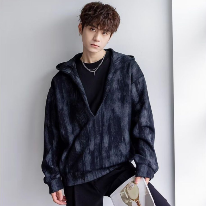 深V領港風潮牌滿印寬鬆百搭套頭連帽T