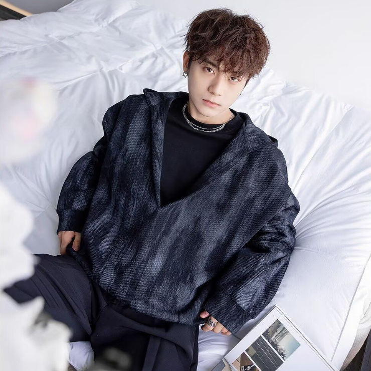 深V領港風潮牌滿印寬鬆百搭套頭連帽T