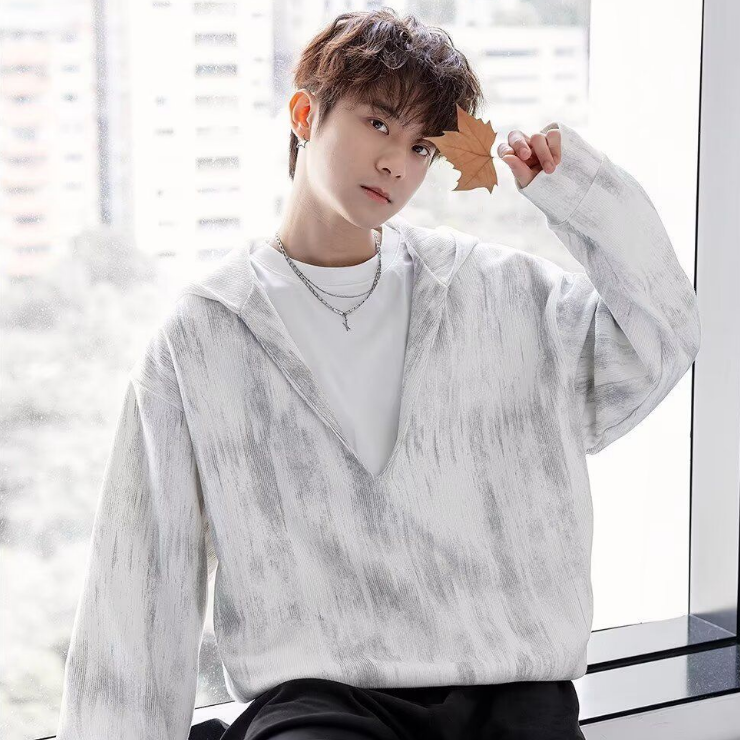 深V領港風潮牌滿印寬鬆百搭套頭連帽T