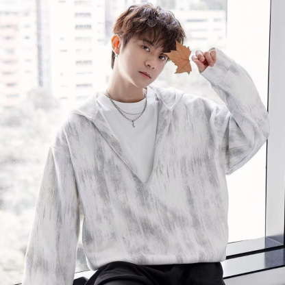 深V領港風潮牌滿印寬鬆百搭套頭連帽T