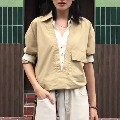 美式復古工裝假兩件日系拼接高級感長袖襯衫