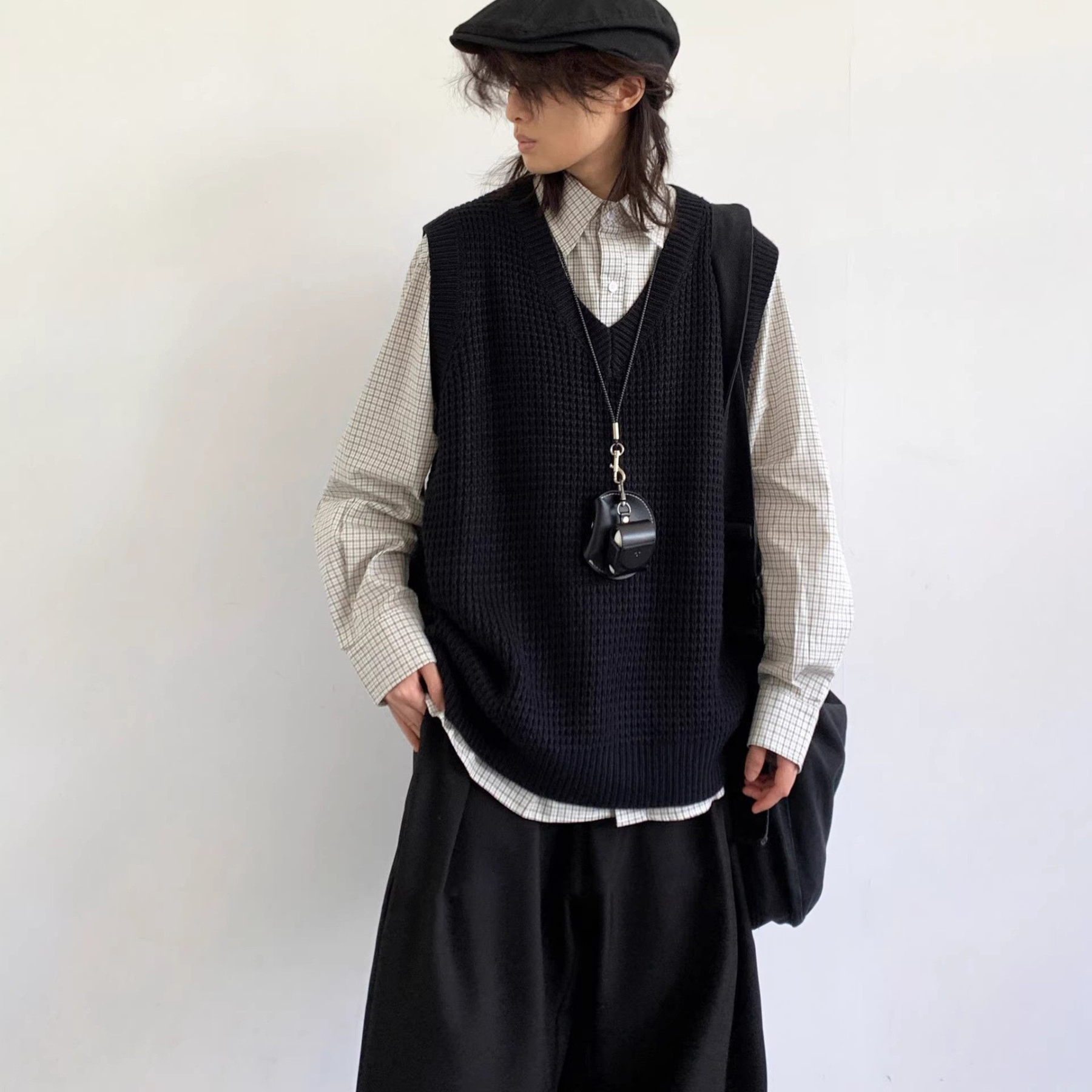 【單件/套裝】日系復古V領針織背心坎肩+條紋襯衫+百搭休閒褲三件套