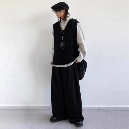 【單件/套裝】日系復古V領針織背心坎肩+條紋襯衫+百搭休閒褲三件套