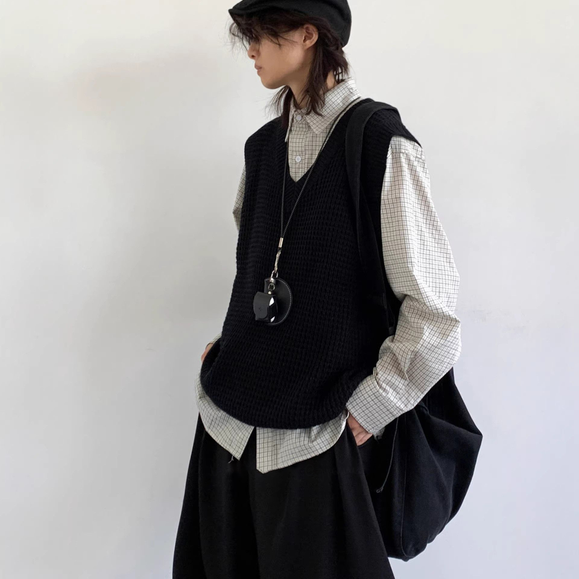 【單件/套裝】日系復古V領針織背心坎肩+條紋襯衫+百搭休閒褲三件套