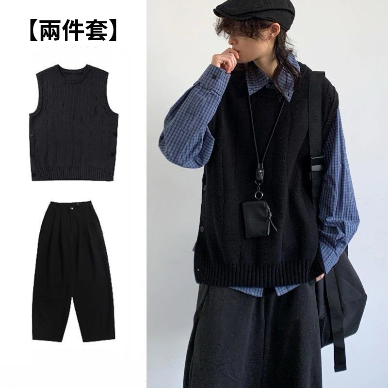 【單件/套裝】日系復古針織背心馬甲+藍色襯衫+百搭休閒褲三件套裝
