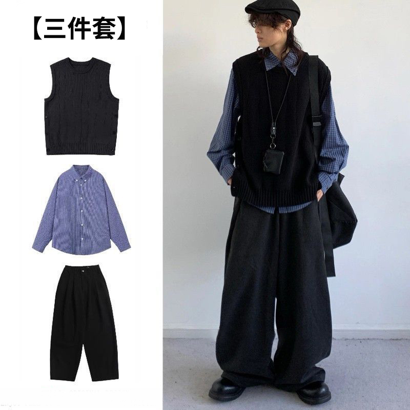 【單件/套裝】日系復古針織背心馬甲+藍色襯衫+百搭休閒褲三件套裝