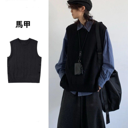 【單件/套裝】日系復古針織背心馬甲+藍色襯衫+百搭休閒褲三件套裝