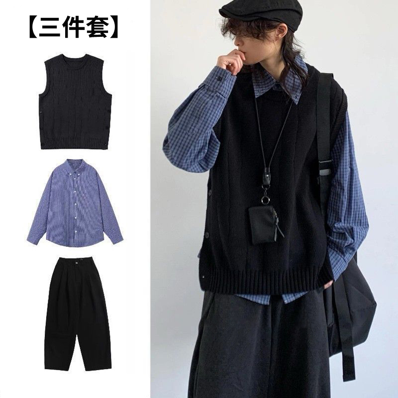 【單件/套裝】日系復古針織背心馬甲+藍色襯衫+百搭休閒褲三件套裝