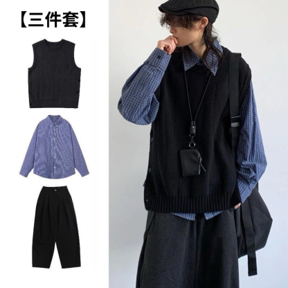 【單件/套裝】日系復古針織背心馬甲+藍色襯衫+百搭休閒褲三件套裝