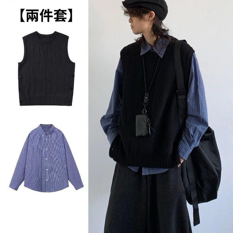 【單件/套裝】日系復古針織背心馬甲+藍色襯衫+百搭休閒褲三件套裝