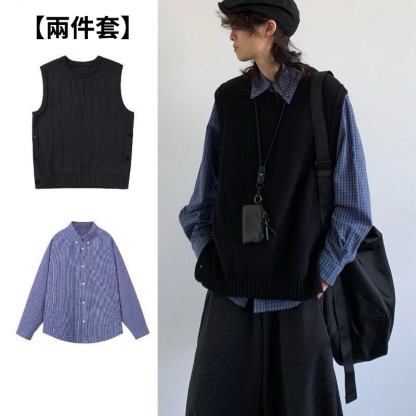 【單件/套裝】日系復古針織背心馬甲+藍色襯衫+百搭休閒褲三件套裝